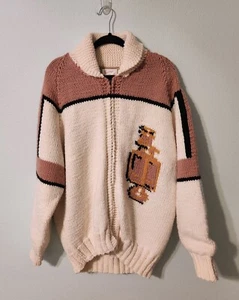 Vintage 1950s Hand Knit Handmade Cowichan Ford Model T Full Zip Sweater Jacket - Picture 1 of 6
