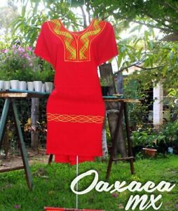 039 Womens Mexican Open Huipil Dress Oaxaca Red Hand Embroidery Boho Hippie