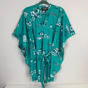 Vintage Tamare 70s Hawaiian Aqua Bat Wing Belted Aloha Islands Print Top OS - Bild 1 von 10