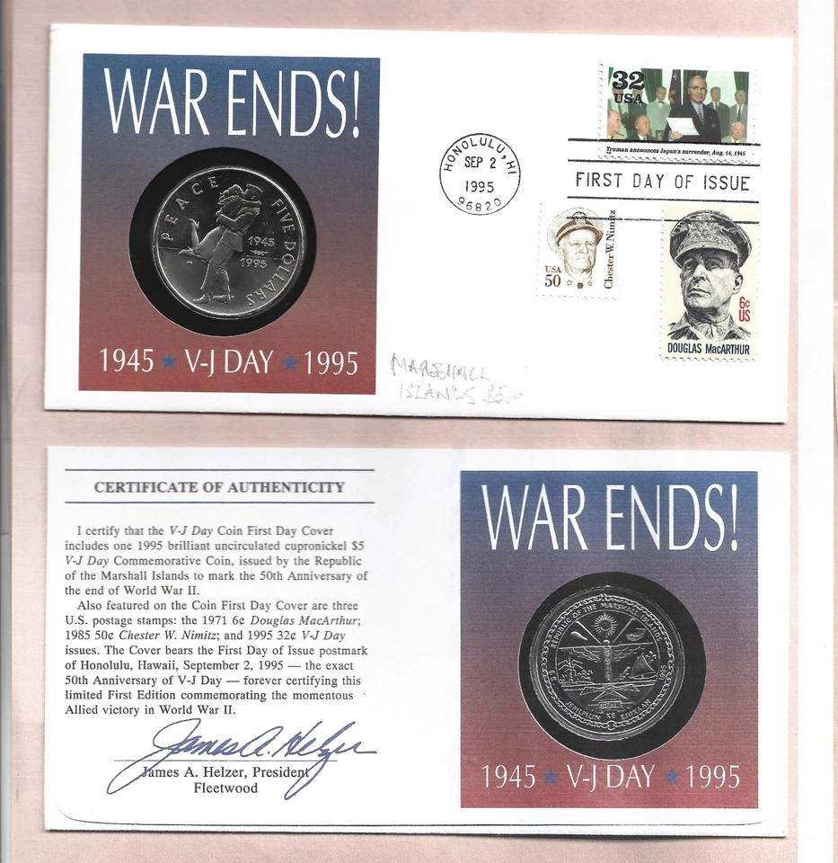 USA 1995 ILLUSTRATED FDC 50TH ANNIVERSARY VJ DAY WITH $5 PROOF COIN - Image 1 of 1