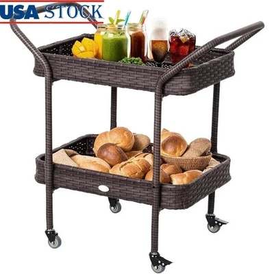 Elegante carro de servicio de ratán de 2 niveles para fiestas al aire libre cocina carro utilitario nuevo Foto 1 de 4