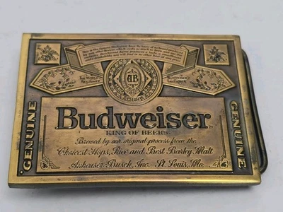 Fivela de cinto Budweiser bronze design de etiqueta de cerveja Anheuser-Busch EUA latão vintage - Imagem 1 de 2