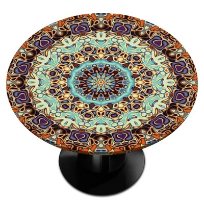 Abstract Art Round Fitted Tablecloth, Orange Mandala Elastic Edge Table Cover... - Image 1 of 3