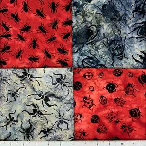 Lot of (4) 1 Yard Cuts 100% Cotton Quilting Batik Fabric Red Grey Bugs #723A - Picture 1 of 2