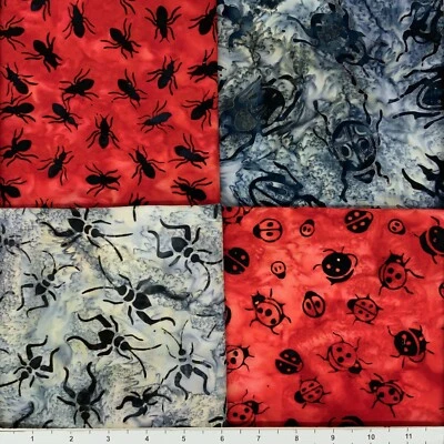 Lot of (4) 1 Yard Cuts 100% Cotton Quilting Batik Fabric Red Grey Bugs #723A - Image 1 of 2