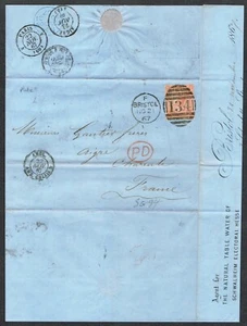 1867 Cover Bristol-France 4d Vermilion Pl 9 DH Fine '134' Duplex Printed Cognac - Picture 1 of 2