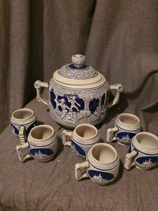 Bowle Service Topf mit Deckel Rumtopf Keramik mit 6 Becher Steingut Rumtopf Alte - Bild 1 von 9