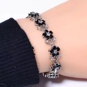 Black Onyx & Cubic Zirconia 925 Sterling Silver Tennis Bracelet 7.99" B973870431 - Picture 1 of 4