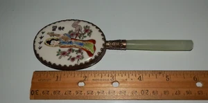 Vintage Oriental hand painted Porcelain Mirror with light Jade Serpentine Handle - Picture 1 of 7
