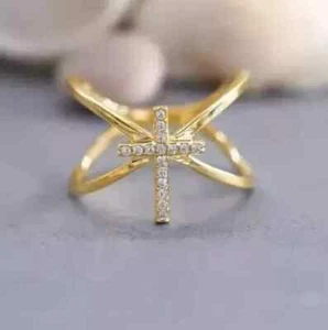 1 Ct Round Cut Moissanite Good Friday Promise Cross Ring 14K Yellow Gold Plated - Picture 1 of 8