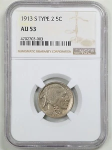 1913-S Type 2 5C Ground in Recess Buffalo Nickel AU53 NGC 4702703-003 - Picture 1 of 4