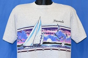 vtg 90s BERMUDA SAILBOAT OCEAN SUNSET TOURIST VACATION HEATHERED GRAY t-shirt L - Picture 1 of 4