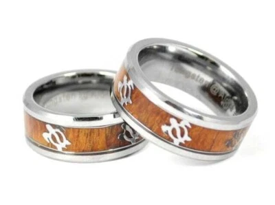 8mm Men's Tungsten Hawaiian Koa Wood Wedding Band Sea Turtle Ring Sizes 6 - 15 - Image 1 of 2
