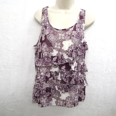 Blusa Top Blusa Mujer Elle Mediana Púrpura Blanca Floral Sin Mangas Volantes Fluidos Foto 1 de 4