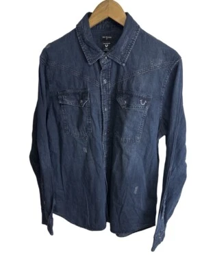 True Religion Men’s Pearl Snap Denim Distressed Long Sleeve Size Large  - Image 1 of 4