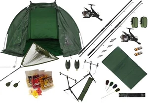Carp Fishing Set Up Kit Rods Reels Net shelter 3pc Rods Mat Hooks Bait - Picture 1 of 4