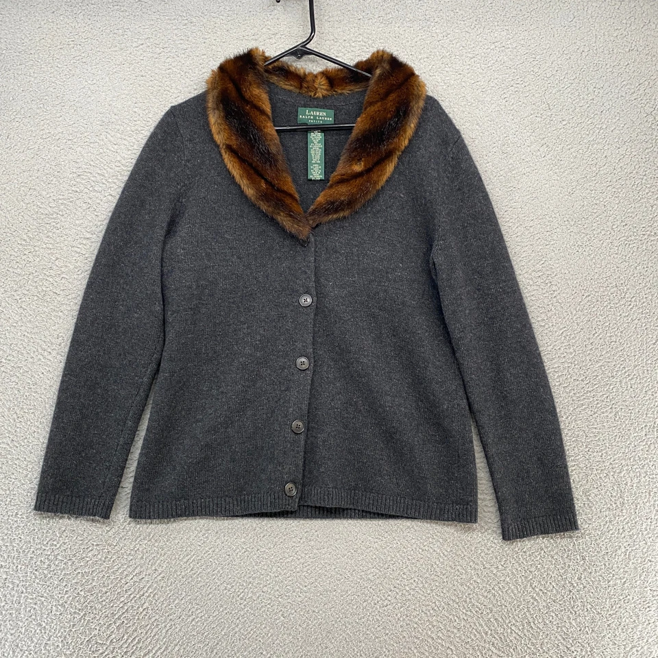 Ralph Lauren Cardigan Sweater Womens PL Wool Cashmere Angora Faux Fur Collar - Image 1 of 4