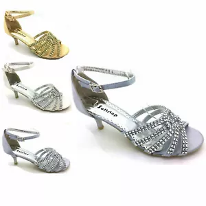 NEW WOMENS LADIES PARTY LOW HEEL PROM WEDDING DIAMANTE SIMULATED SANDALS SIZE - Picture 1 of 11