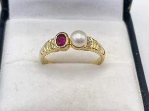 18ct Yellow Gold Diamond, Ruby & Pearl Cocktail Ring. Goldmine Jewellers. - Picture 1 of 10