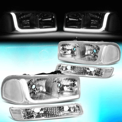 PARA 1999-2007 GMC SIERRA/YUKON LED DRL CROMO FARO TRANSPARENTE + LÁMPARA DE SEÑAL PARACHOQUES Foto 1 de 4