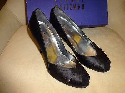 STUART WEITZMAN Black Satin Peep Open Toe 'EXTRA' Heel Pump Sz 7/37 NEW!!! - Image 1 of 4