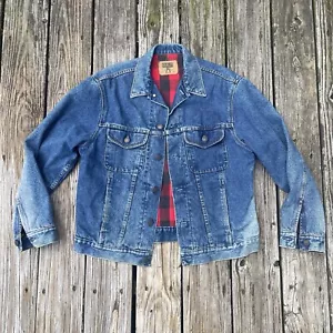 Vintage GAP Denim Jacket Trucker Large Red Black Plaid Lining 80's Distressed - Picture 1 of 9