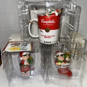 3 Vintage Christmas Campbell Soup Ornaments - 1999 Mug, 2001 Stocking, 2002 Can - Picture 1 of 1