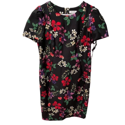 Calvin Klein Womens Scuba Dress 14P Black Floral Sheath Rear Gilded Puff Sleeve - Image 1 of 4
