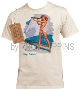 1-MENS WEAR-SPLENDID VIEW RED HEAD BIKINI GIRL NAUTICAL HEY SAILOR OCEAN T-SHIRT - Picture 1 of 4