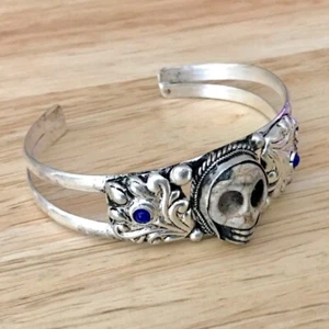 Ethnic Lapis Skull Face Tibetan Cuff Bracelet - Picture 1 of 6