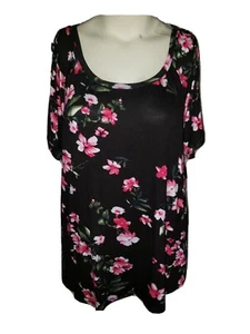 A&I Womens Pullover Lace Up Shoulder Sleeve Floral Top Size 3X Black #K47 - Picture 1 of 4