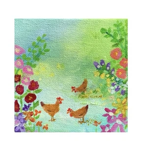 Painting By Kenna Original HP Chickens In The Garden 2 On 4” X 4” Canvas Panel - Foto 1 di 4