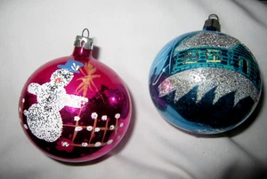 2-Vtg Poland Mercury Glass Xmas Ornament Stenciled Mica Snowman & House Scene - Picture 1 of 16