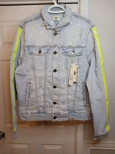 KDNK Jeansjacke Herren Größe Large hellblau abgenutzt Farbspritzer Streetwear " - Bild 1 von 4