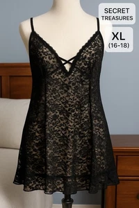 Secret Treasures Black Lace Sheer Nightgown XL 16–18 Crisscross Stretch - Picture 1 of 7