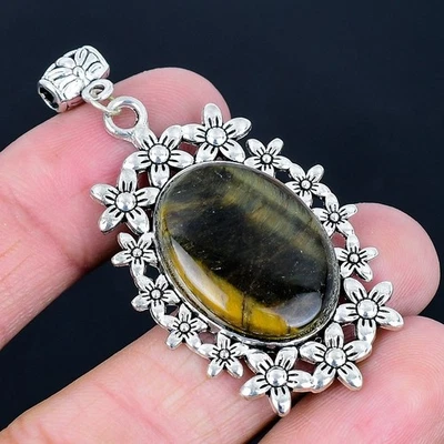 Colgante hecho a mano ojo de tigre enchapado en plata 925 de 2,29" Foto 1 de 3