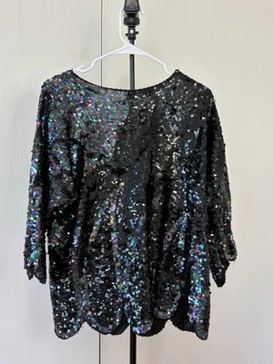 Blusa Top Vintage Negra 100% Seda Lentejuelas Para Mujer Talla 19 – Fiesta Iridiscente Foto 1 de 4