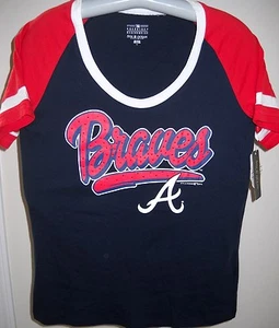 ATLANTA BRAVES LADIES LARGE ( L ) FASHION SHIRT WITH RED RHINESTONES IN DESIGN - Picture 1 of 6