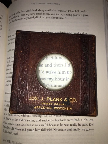 Antique Leather-bound Office Desk Advertising Magnifying Glass Jos. J. Plank Cover