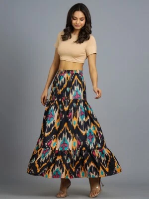 Mujeres Falda Plisada Maxi Vestido Vintage Informal Suelto Volantes Largo Columpio Negro Ikat Foto 1 de 4