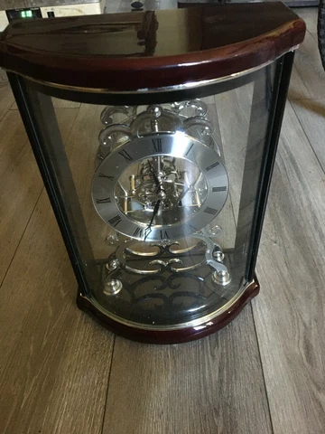 BULOVA Skeleton Wentworth Mantel Clock Quartz Solid Wood Silver Finish Cover