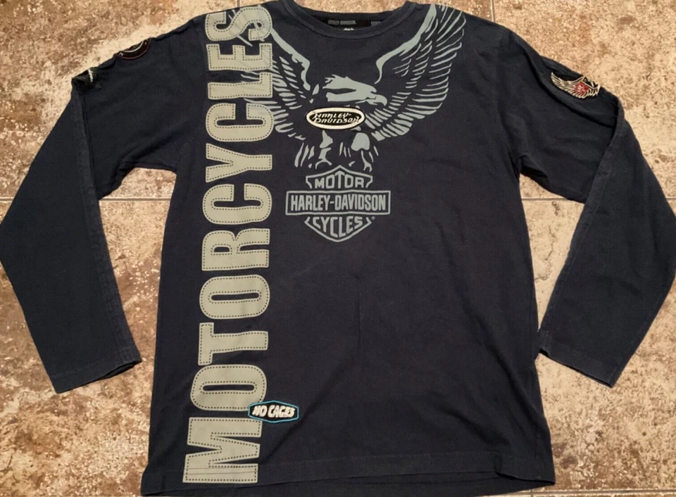 HARLEY DAVIDSON LONG SLEEVE GRAPHIC PATCHES SHIRT ( MENS M ) BLUE TONE - Image 1 of 4