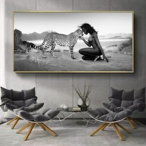 Black White Natural Landscape Leopard Nude Women Poster Wall Art Canvas Painting