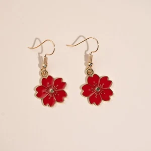 Cute Adorable Red Flowers Hook Dangle Drop Earrings Novelty Jewellery Gift - Picture 1 of 1