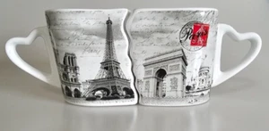 Paris France Interlocking Mug Set Heart Handles City Landmarks B&W Tour EUC - Picture 1 of 10