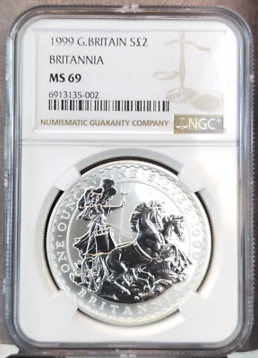 1999 GREAT BRITAIN SILVER 2 POUNDS BRITANNIA CHARIOT NGC MS 69 RARE GEM BEAUTY - Image 1 of 3