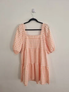 JUST JEANS size 10 orange check square neck short balloon sleeve shift dress - Picture 1 of 6
