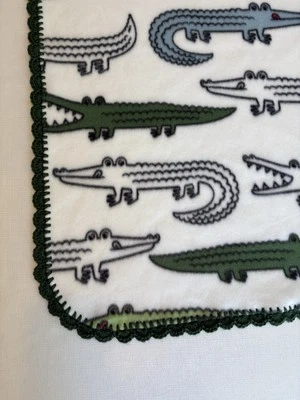 New Fleece Baby Boy Blanket w/ Crochet Trim - Alligators Over White Background - Image 1 of 4