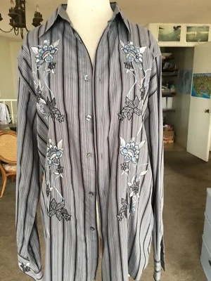COASTAL MENS SZ M COTTON BLEND LONG SLEEVE GREY STRIPED W/EMBROIDERY SHIRT EUC - Image 1 of 4