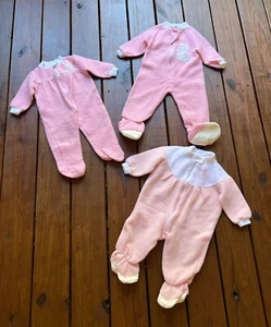 Vintage 80's England English set of 3 pastel pink fleece baby one pieces footies - Picture 1 of 22
